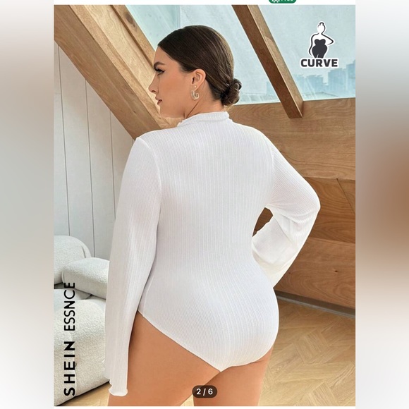 SHEIN Essnce Plus Lettuce Trim Trumpet Sleeve Mock Neck Ribbed Knit Bodysuit - Picture 3 of 4